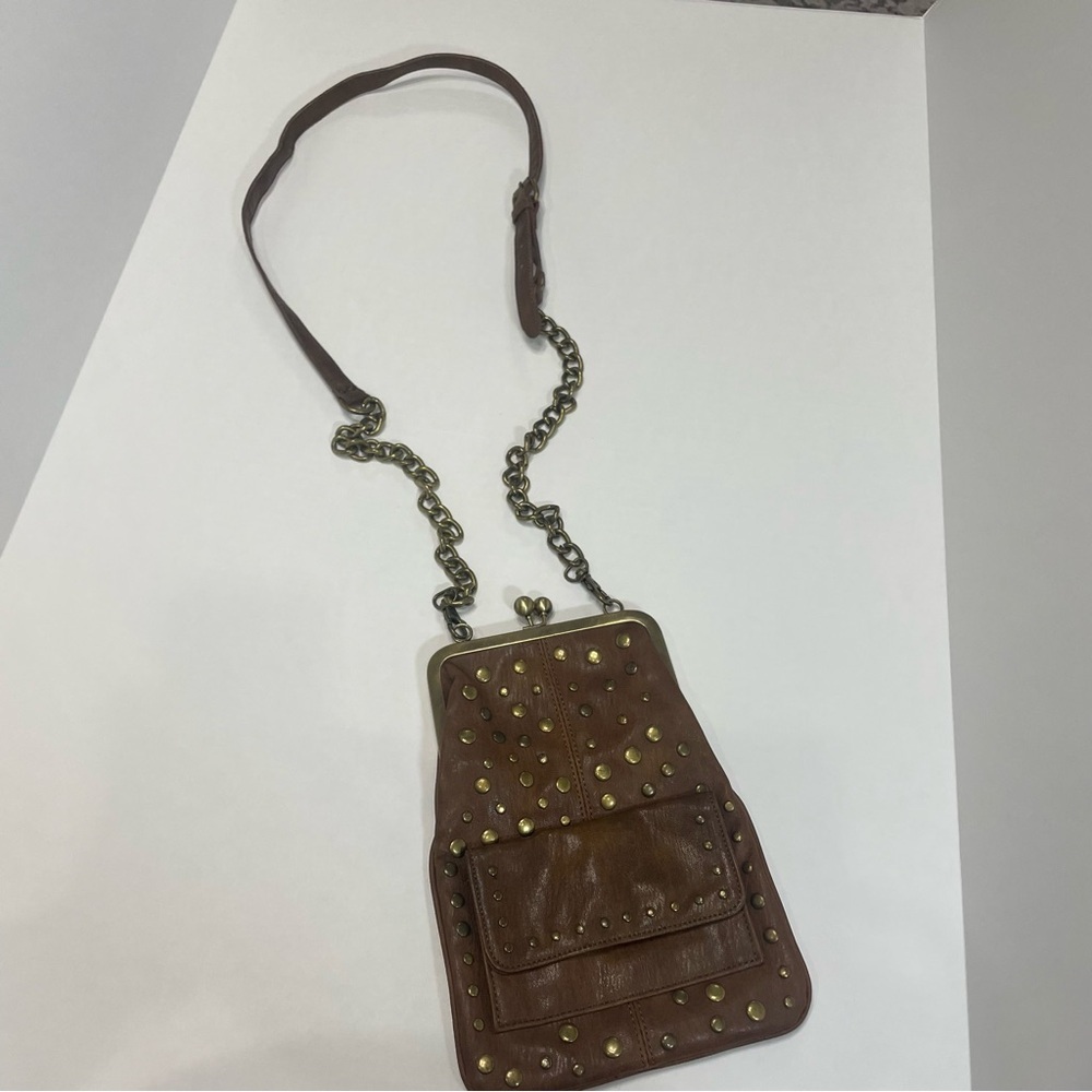 Jessica Simpson Brown Studded Leather Messenger crossbody Bag. Lining picture